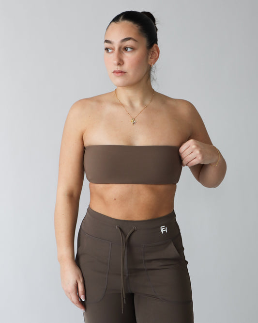 Essential Ribbed Bandeau Sports Bra - Espresso