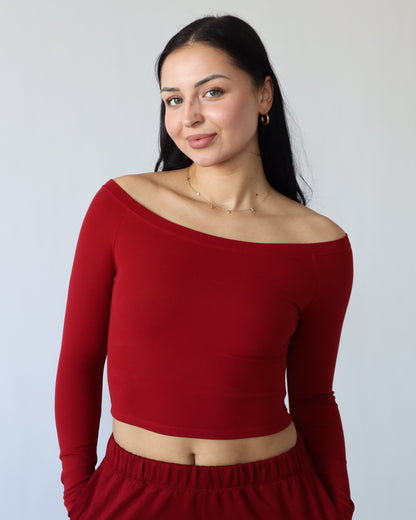 Essential Ribbed Boatneck Longsleeve - Ruby