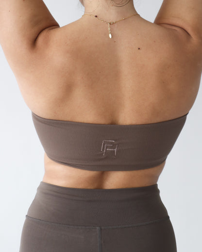 Essential Ribbed Bandeau Sports Bra - Espresso